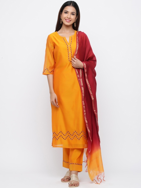 

Jaipur Kurti Women Mustard Yellow Embroidered Regular Chanderi Silk Kurta with Trousers & With Dupatta