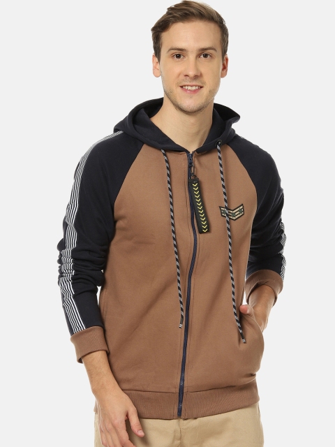 Campus Sutra Men Brown & Black Solid Hooded Sweatshirt