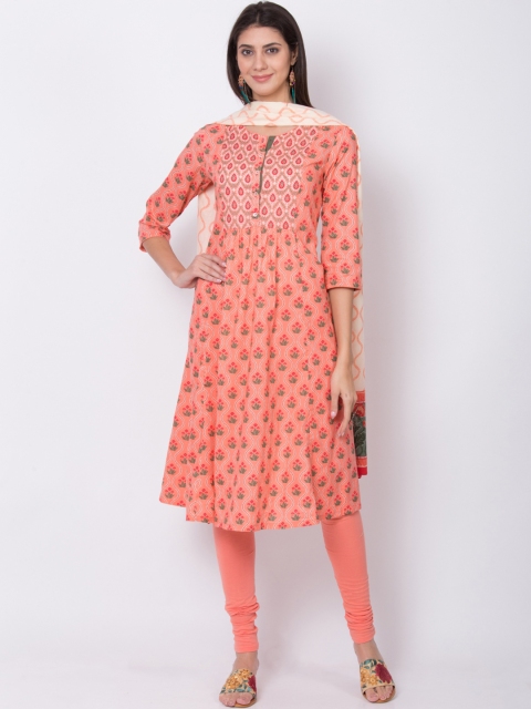 

Biba Women Peach-Coloured & Green Printed Kurta with Churidar & Dupatta