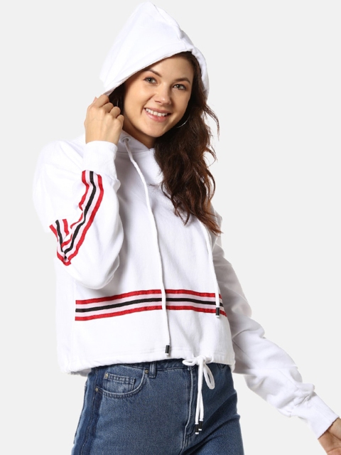 

Campus Sutra Women White Striped Hooded Sweatshirt