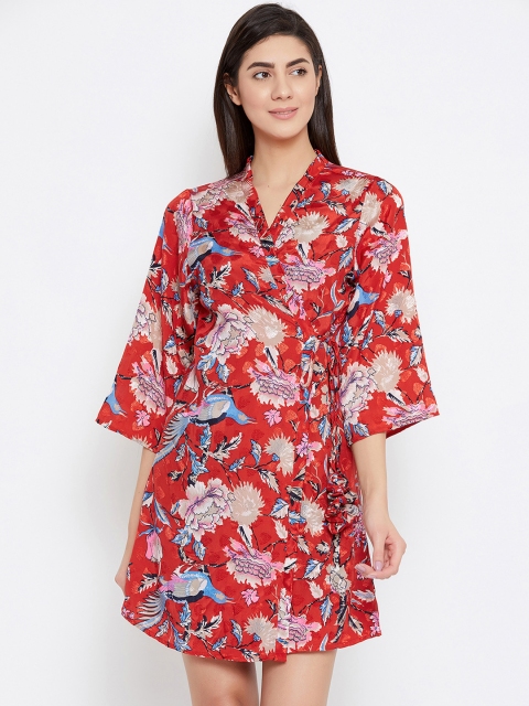 Clovia Red & Black 2 Piece Printed Nightdress