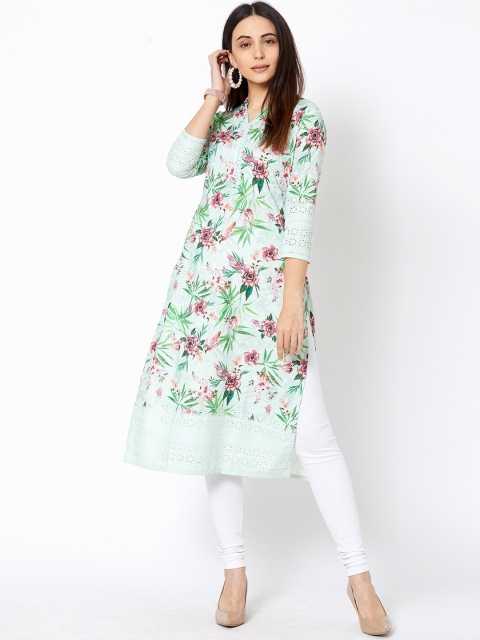 

FASHOR Women Green Embroidered A-Line Kurta