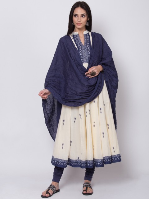 

Biba Women Off-White & Navy Blue Printed Kurta with Churidar & Dupatta