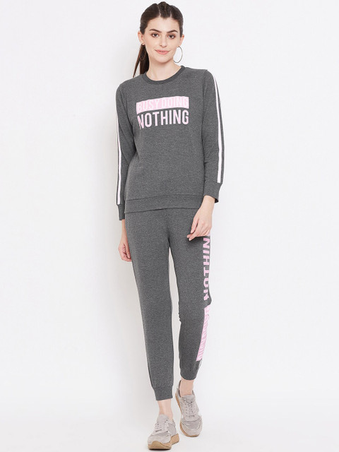 

Austin wood Women Charcoal Grey & Pink Printed Tracksuit
