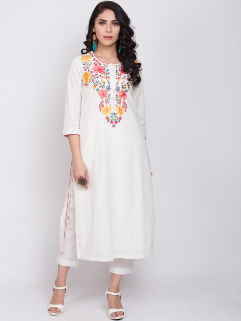 

Biba Women White & Pink Yoke Design Straight Kurta