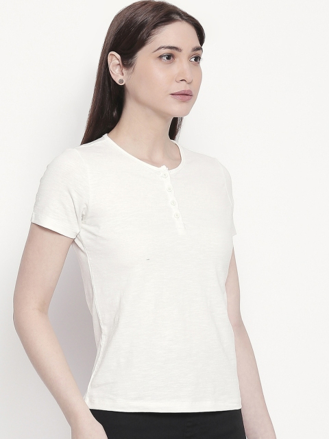 

SPYKAR Women Cream-Coloured Solid Henley Neck T-shirt
