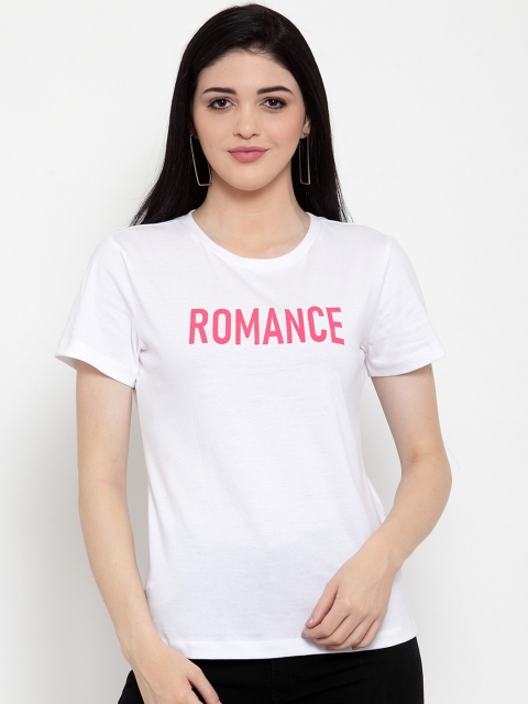 

DOOR74 Women White Printed Round Neck T-shirt