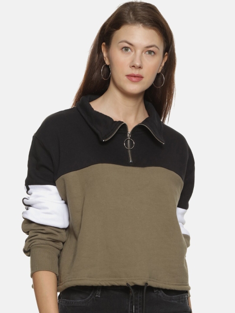 

Campus Sutra Women Olive Green & Black Colourblocked Sweatshirt