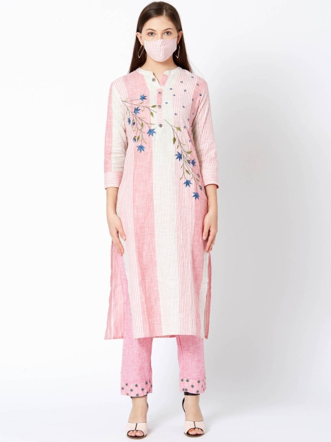 

FASHOR Women Pink & Off-White Embroidered Kurta with Trousers