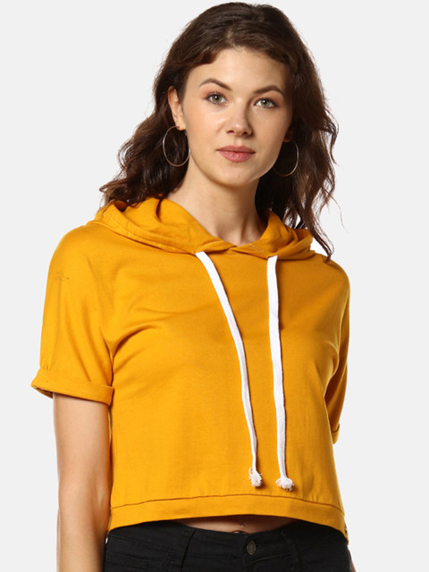 

Campus Sutra Women Mustard Yellow Solid Hooded Crop Top