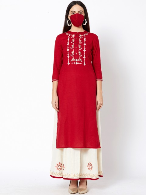 

FASHOR Women Red & Off-White Embroidered Kurti with Palazzos