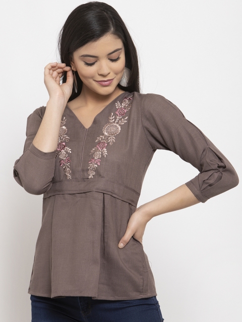 

LABEL REGALIA Women Taupe Embroidered Top