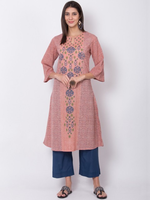 

Biba Women Coral Pink & Blue Printed A-Line Kurta