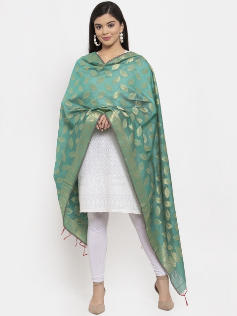 

LOOM LEGACY Green & Gold-Toned Woven Design Banarsi Dupatta