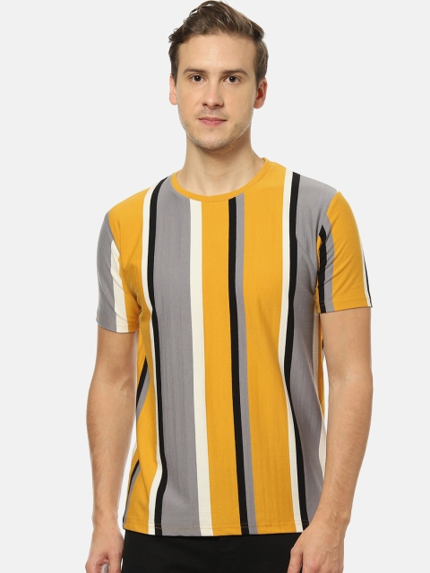 

Campus Sutra Men Mustard Yellow & Grey Striped Round Neck T-shirt