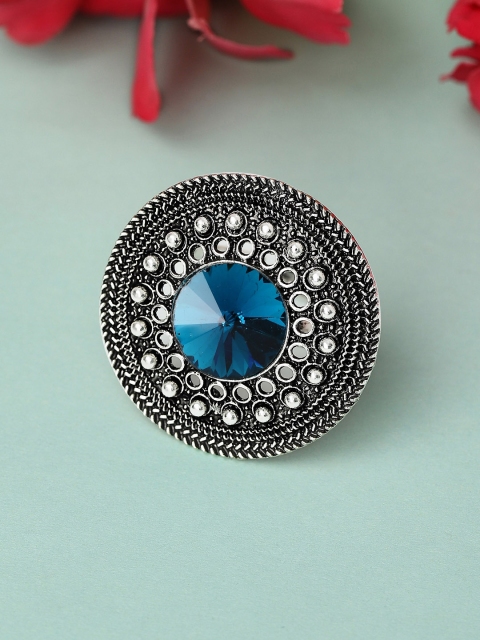 

Rubans Oxidised Silver-Plated Blue Stone-Studded Handcrafted Finger Ring