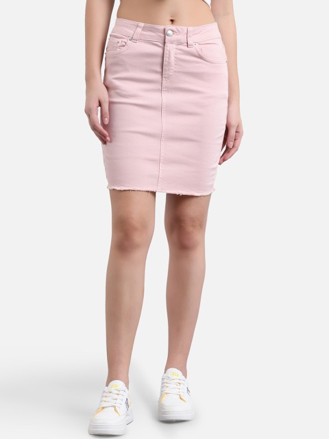 

Kotty Women Powder Pink Solid Denim Pencil Mini Skirt