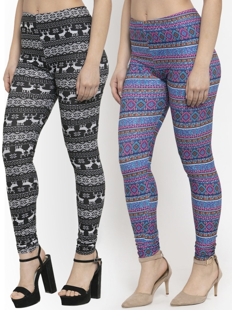 

KLOTTHE Women Pack Of 2 Printed Churidar-Length Leggings, Black