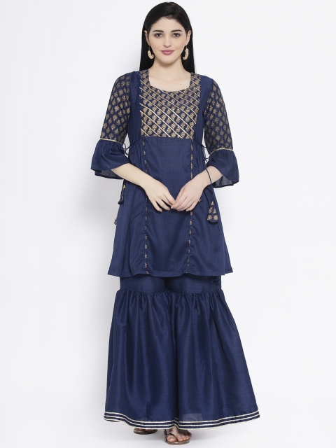 

studio rasa Women Navy Blue & Gold Printed Kurti with Sharara