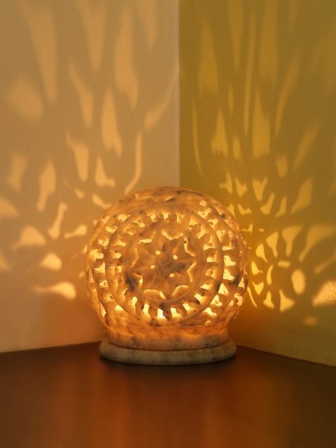 

ExclusiveLane The Glowing Mughal Floral Hand Carved Table Tea-Light Holder, Beige