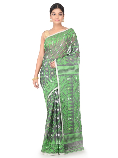

PinkLoom Green & Grey Pure Cotton Handloom Woven Design Jamdani Saree
