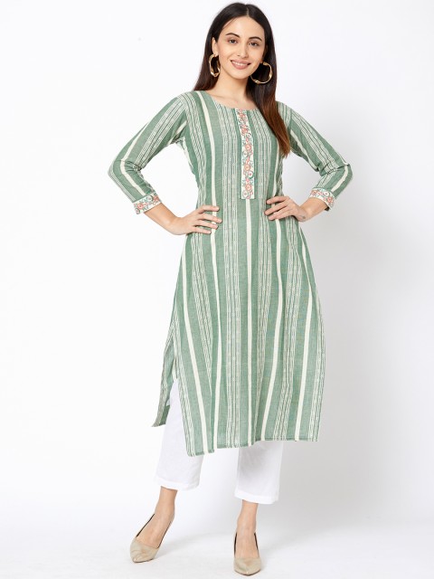 

FASHOR Women Green & Off-White Yoke Design Straight Kurta