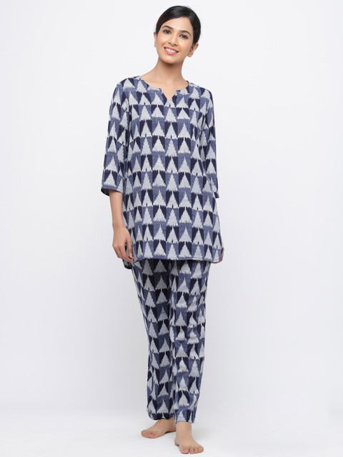 

Jaipur Kurti Women Navy Blue & White Printed Night suit