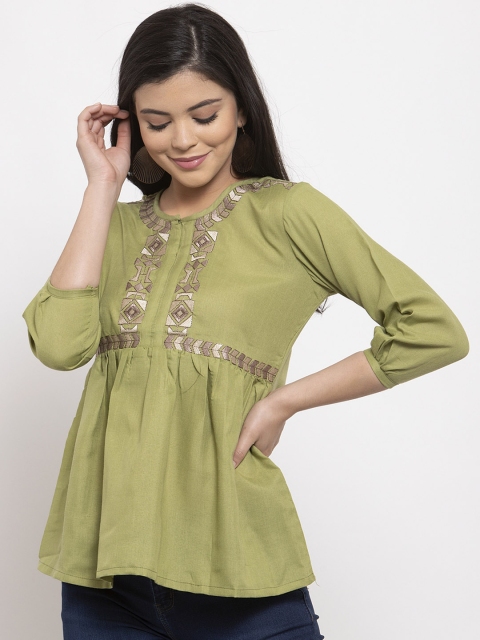 

LABEL REGALIA Women Olive Green & Beige Embroidered A-Line Top