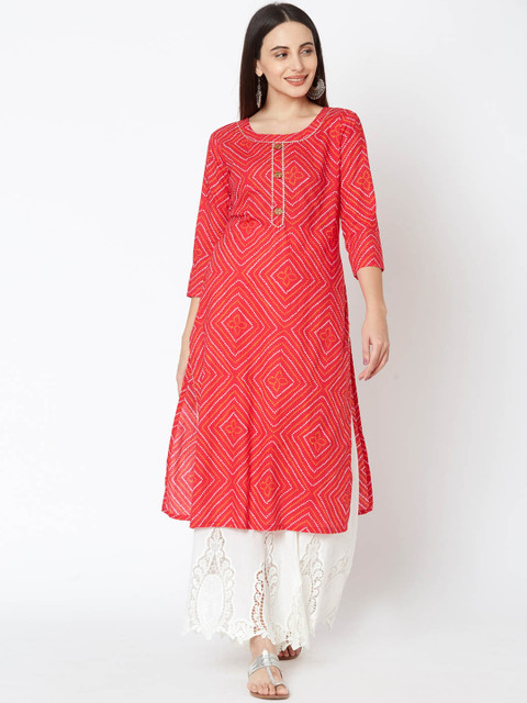 

FASHOR Women Pink & White Bandhani Print Straight Kurta