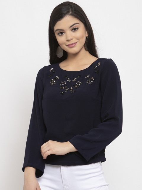 

LABEL REGALIA Women Navy Blue Embellished Top