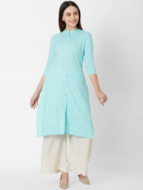 

FASHOR Women Green & White Printed Straight Kurta
