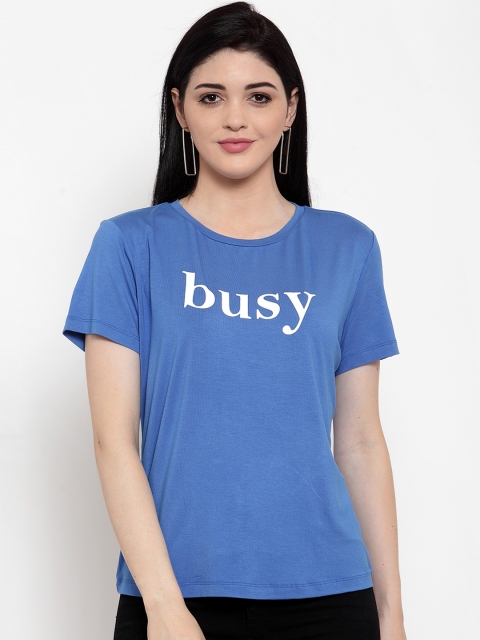 DOOR74 Women Blue & White Printed Round Neck T-shirt
