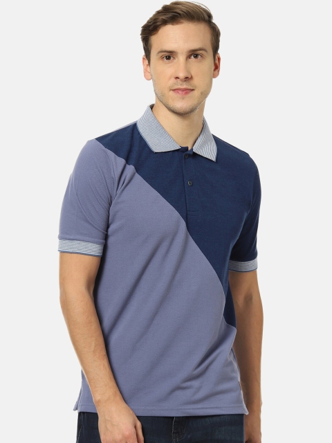 Campus Sutra Men Blue & Teal Blue Colourblocked Polo Collar T-shirt