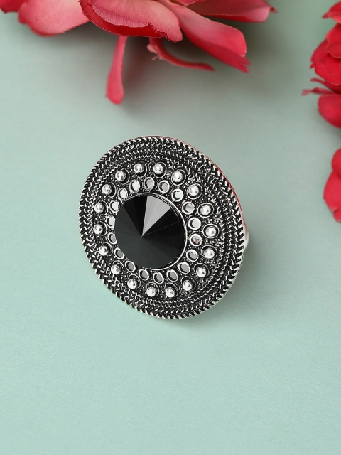 

Rubans Oxidised Silver-Plated Black Stone-Studded Handcrafted Adjustable Finger Ring