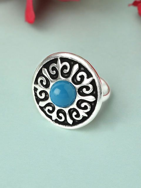 

Rubans Oxidised Silver-Plated Blue & Black Stone-Studded Enameled Adjustable Finger Ring