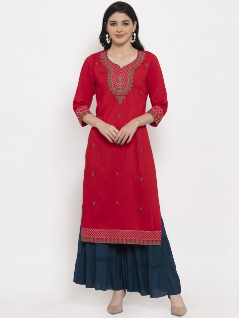 

ANAISA Women Red & Blue Embroidered Kurta with Sharara
