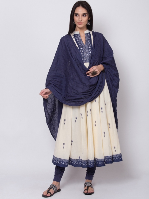 

Biba Women Off-White & Navy Blue Printed Kurta with Churidar & Dupatta