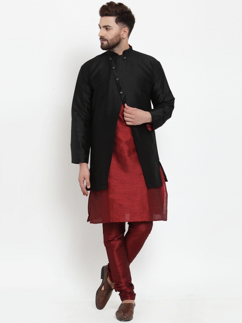 

Benstoke Men Maroon & Black Solid Kurta with Churidar & Jacket
