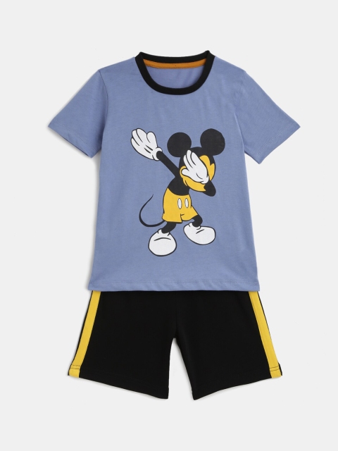 

KIDSCRAFT Boys Blue & Black Mickey Mouse Print T-shirt with Shorts