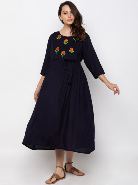 

MomToBe Women Navy Blue Floral Embroidered Maternity Nursing Fit & Flare Dress