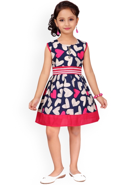 

Aarika Girls Navy Blue & Pink Printed Fit and Flare Dress