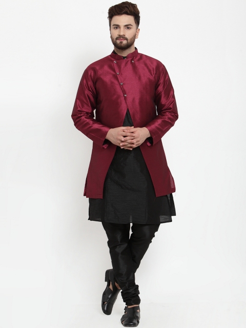 

Benstoke Men Black & Maroon Solid Kurta with Churidar & Achkan