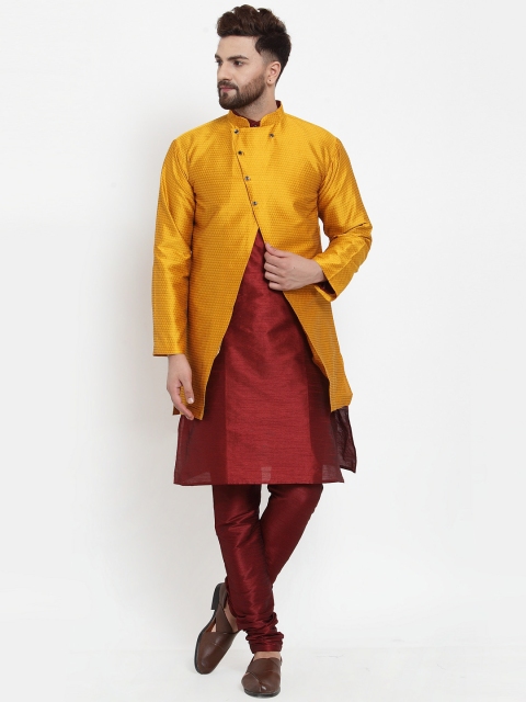 

Benstoke Men Mustard Yellow & Maroon Solid Dupion Silk Kurta Set