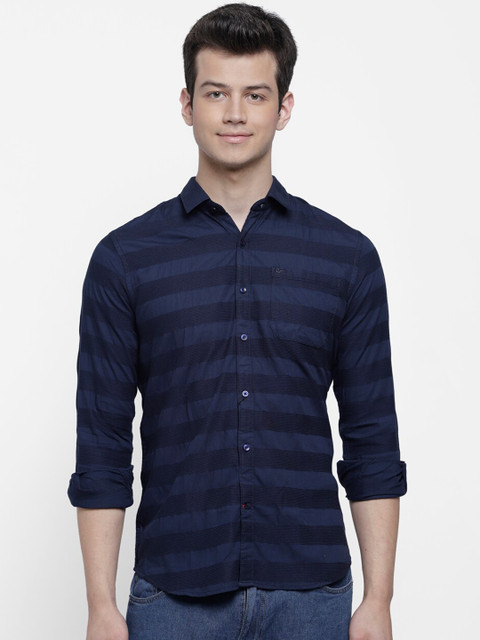 

cape canary Men Navy Blue Regular Fit Striped Casual Shirt