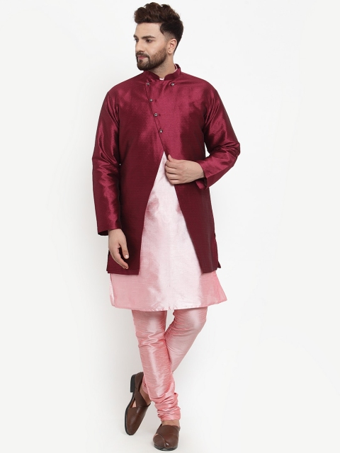 

Benstoke Men Pink & Maroon Solid Kurta with Churidar & Ethnic Jacket
