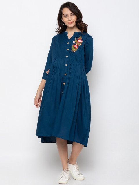 

MomToBe Women Navy Blue Embroidered A-Line Maternity & Feeding Dress