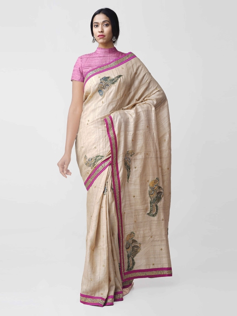 

Unnati Silks Beige & Purple Pure Silk Embroidered Kerala Tussar Saree
