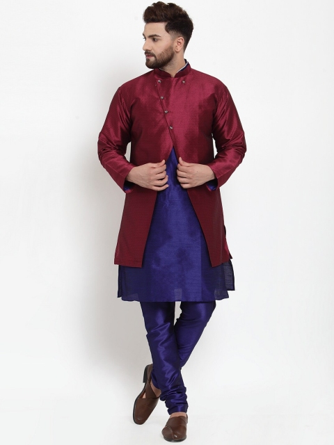

Benstoke Men Blue & Maroon Self Design Kurta with Churidar & Achkan