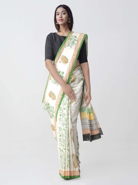

Unnati Silks Off-White & Green Pure Cotton Block Print Kerala Cotton Saree