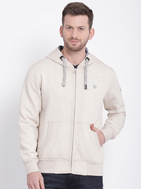 

t-base Men Beige Solid Hooded Sweatshirt